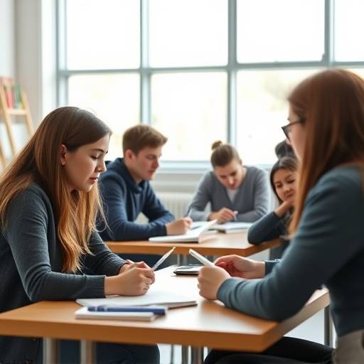 Alunos estudando inglês em um ambiente moderno