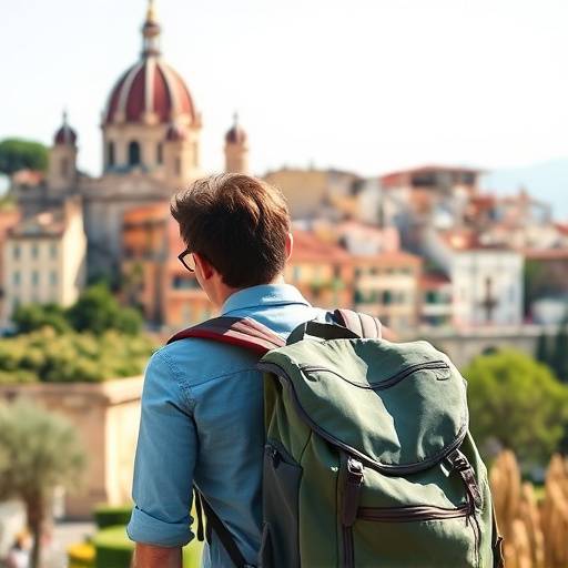 Uma pessoa com uma mochila em frente a um ponto turístico espanhol