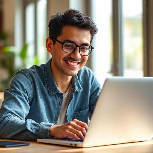 Uma pessoa estudando inglês com um laptop, sorrindo